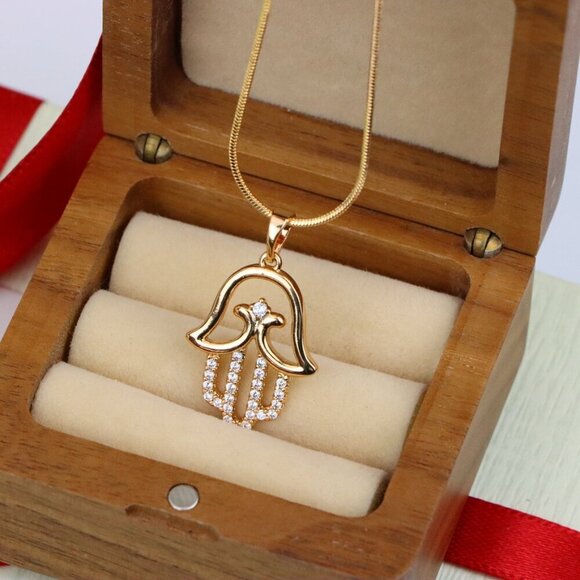 "Rose Gold Hamsa Hand Pendant in Gold Plated Brass with Accents, XPPT1760 - Picture 10 of 13